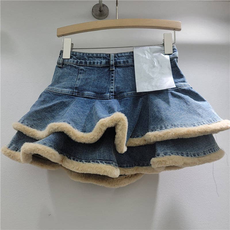 Sanyao Fashion – wholesale Skirt – Women’s – 1M260 Retro Fur-Trimmed Denim Layered Skirt for Autumn2