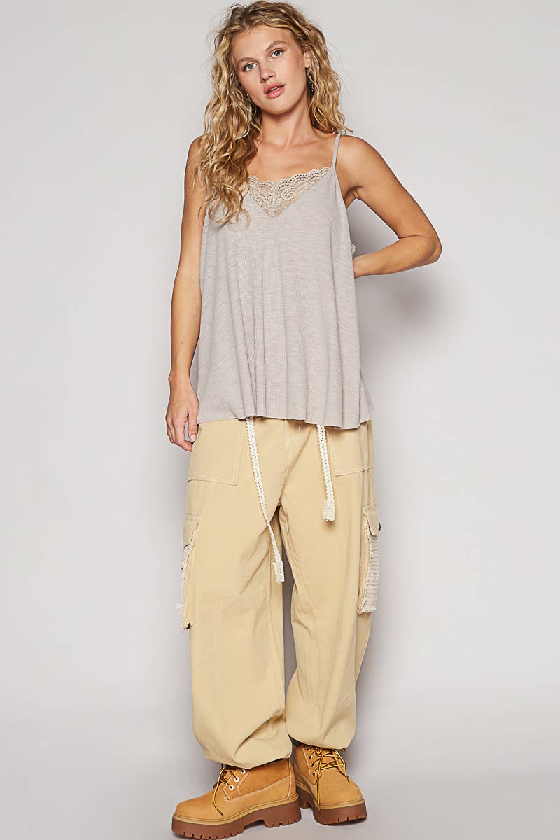 Pol Clothing - Wholesale Tank Top - Women's - Vintage washed v-neck sleeveless lace tank top SALE9