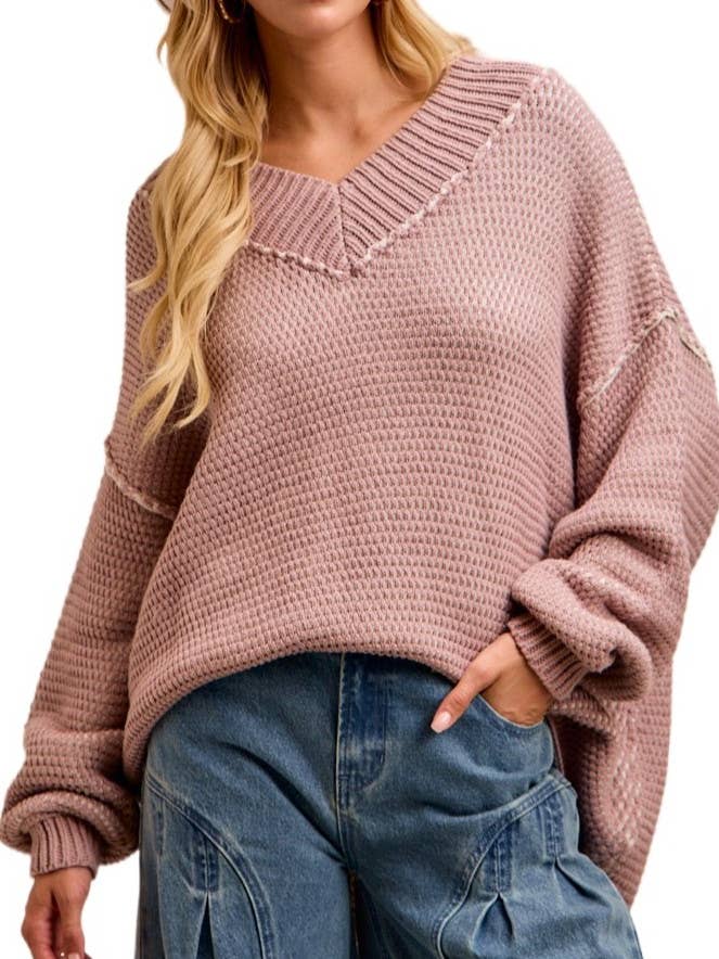 Maglione Bicolore Testurizzato Vestibilità Comoda con Scollo a V per la vendita all'ingrosso da parte di Vanilla Monkey