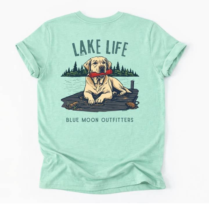 Lake Life- Dog Fishing Outdoor Men's Printed Pocket Tshirt for wholesale by Blue Moon Outfitters