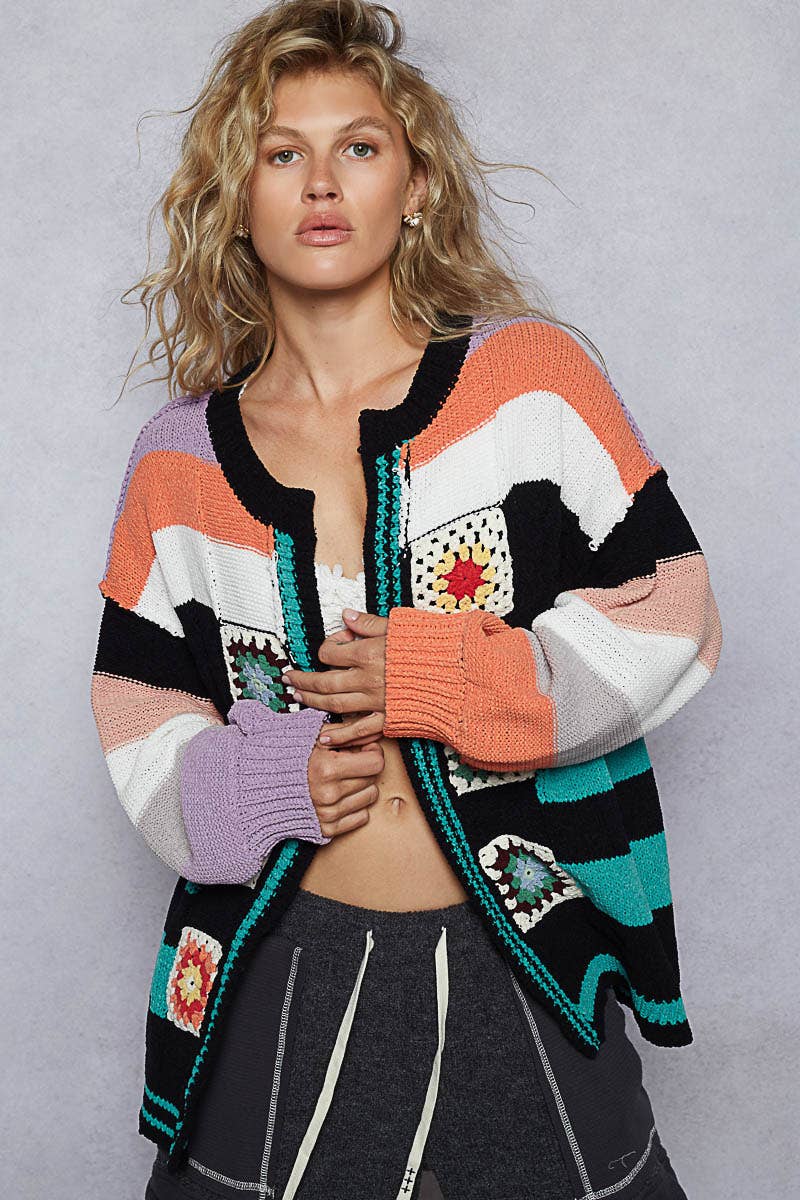 Pol Clothing - Wholesale Cardigan - Women's - Balloon Sleeve Handmade Patch Open Cardigan17