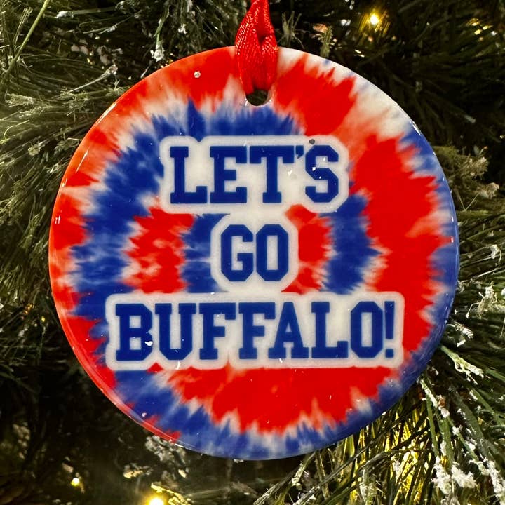 Let’s Go Buffalo Ceramic Ornament | Bills Tie Dye Ornament for wholesale by The Pink Dandelion, LLC