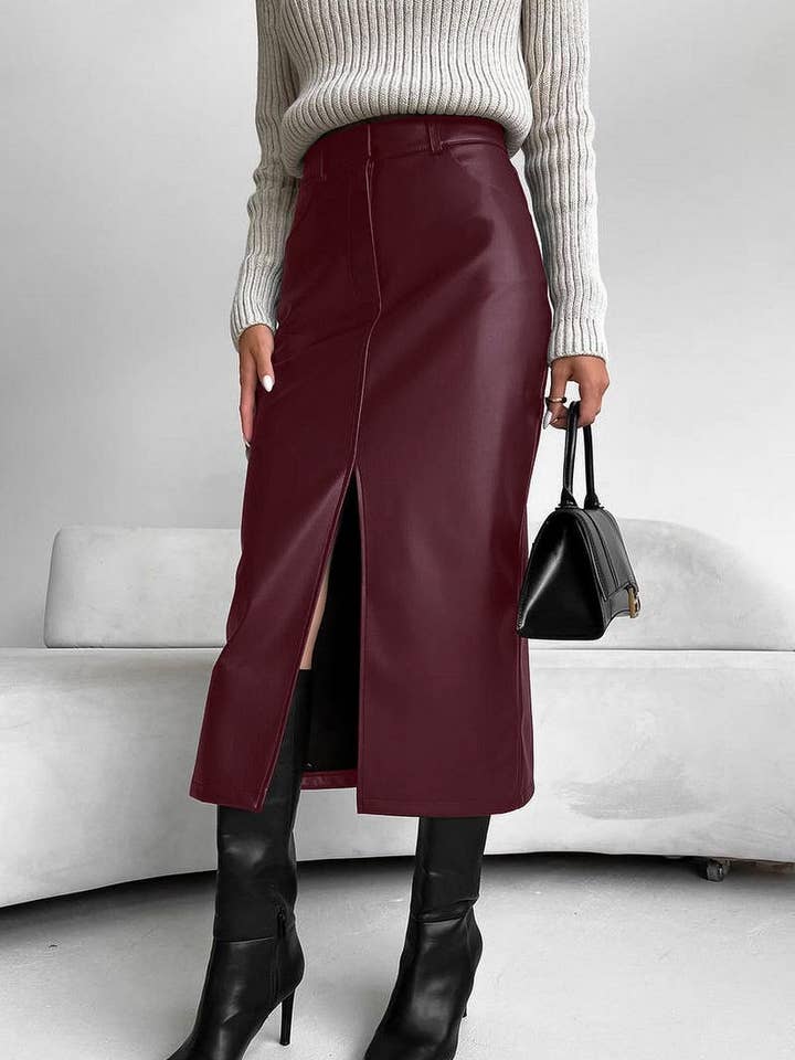 NINEXIS - Wholesale Skirt - Women's - CWBMS0250_VINTAGE PLUS VELVET PU LEATHER SLIT SKIRT12