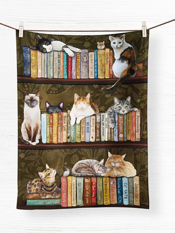 Cats on Books Tea Towel for wholesale by Cathy Walters Art