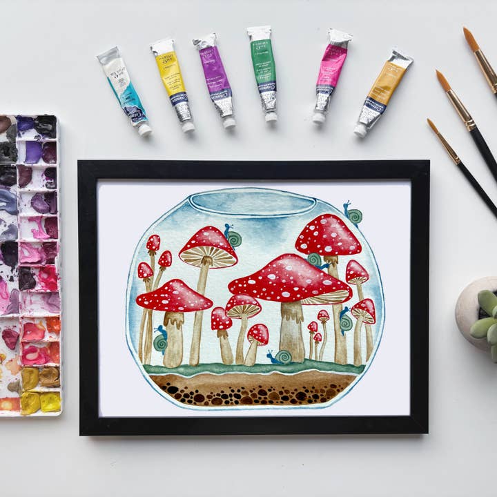 Mushroom Terrarium Watercolor Print – Whimsical Fungi Art for wholesale by Owlfeathers Watercolor