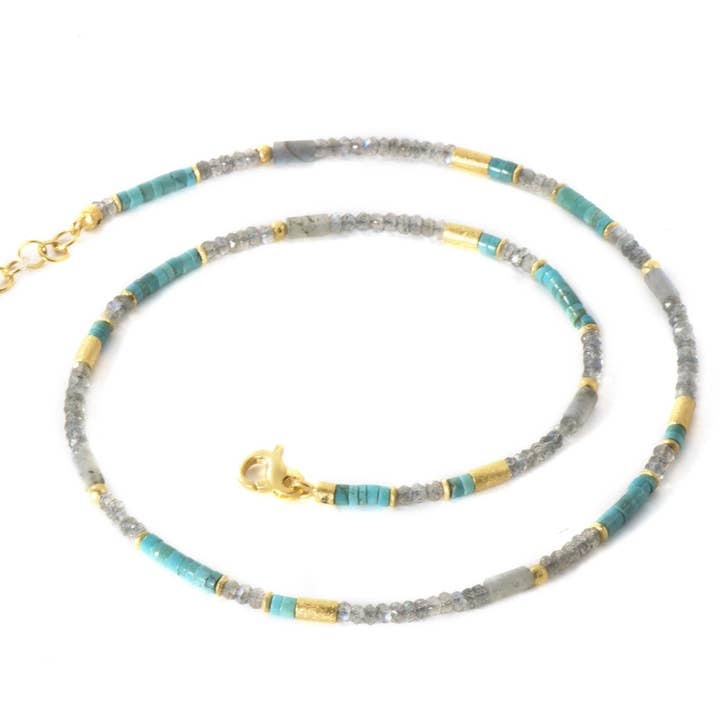 Joyla Jewelry - Wholesale Beaded/Pearl Necklace - Labradorite and Turquoise 3mm Necklace 24K Fair Trade Gold Vermeil2