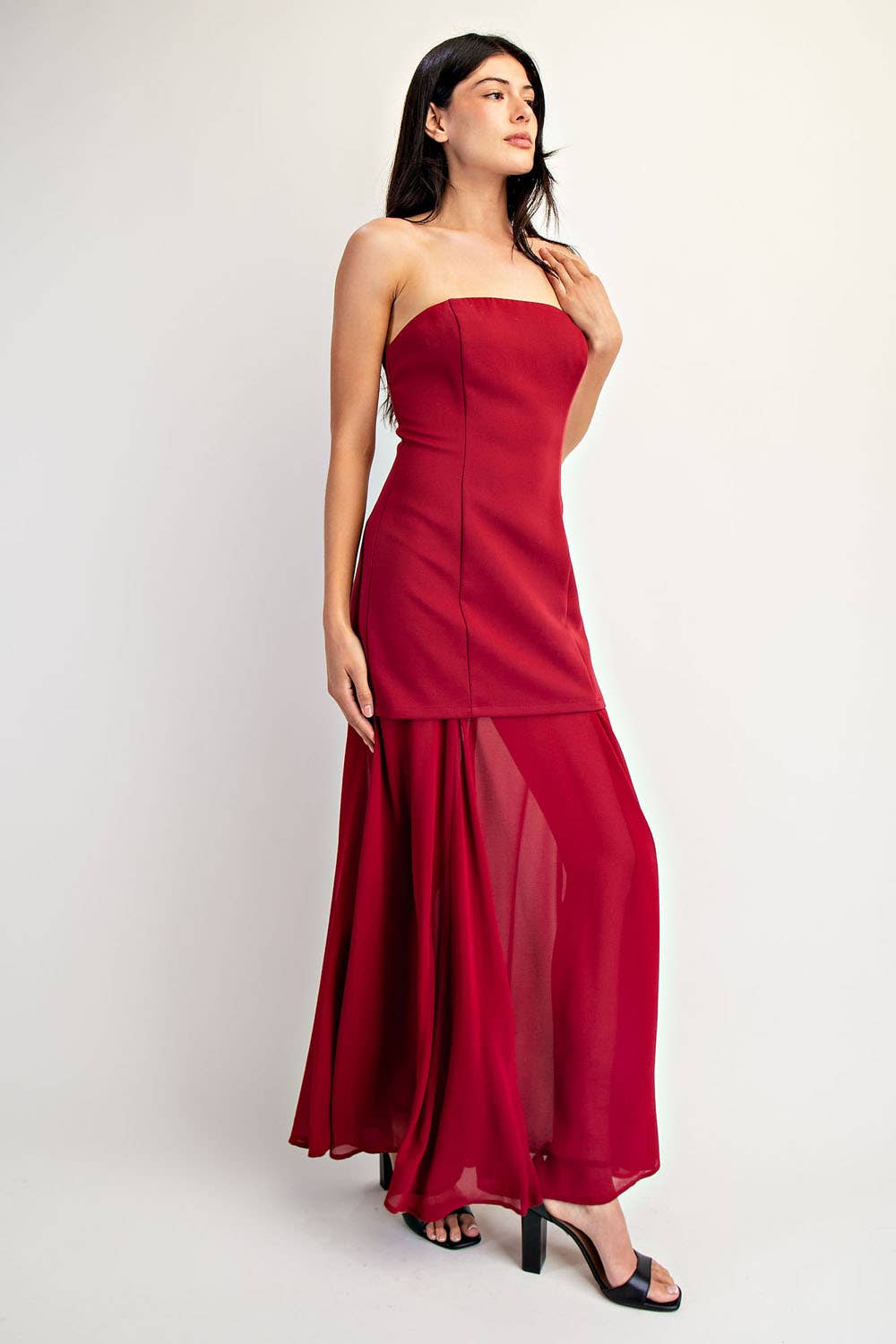 Edit by Nine - Vendita all'ingrosso Vestito - Donna - Abito lungo senza spalline in chiffon pesante a contrasto.1