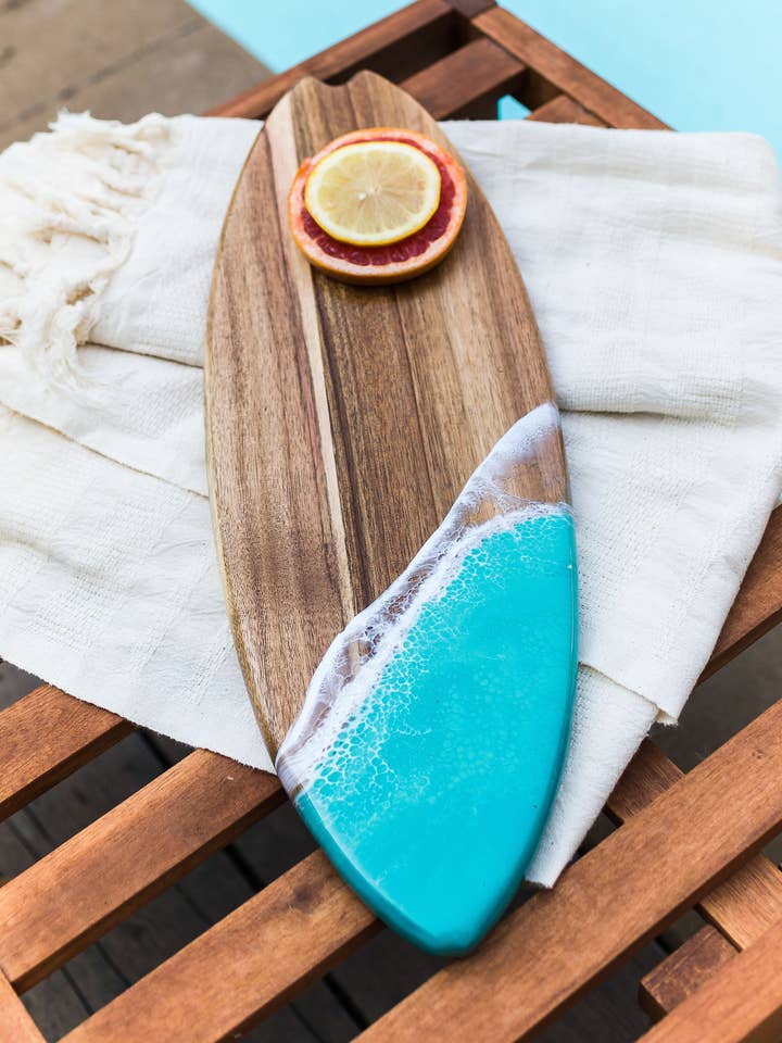 Resin-Accented Surfboard Shaped Charcuterie Board NO TARIFFS for wholesale by Lynn & Liana Designs