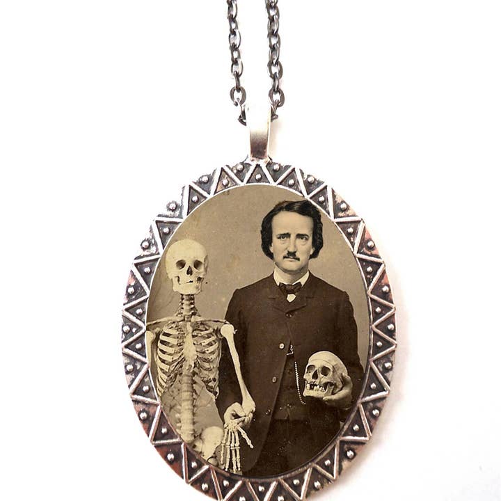 Edgar Allan Poe Necklace Pendant Silver Tone - Skeleton Skull Altered Art Goth Author English Literature Majors Gift the Raven for wholesale by FringePop
