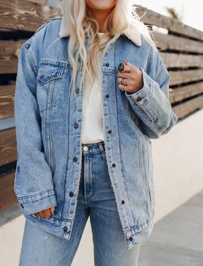 safistyle - Wholesale Denim Jacket - Women's - Oversized Fleece-Lined Denim Jacket0