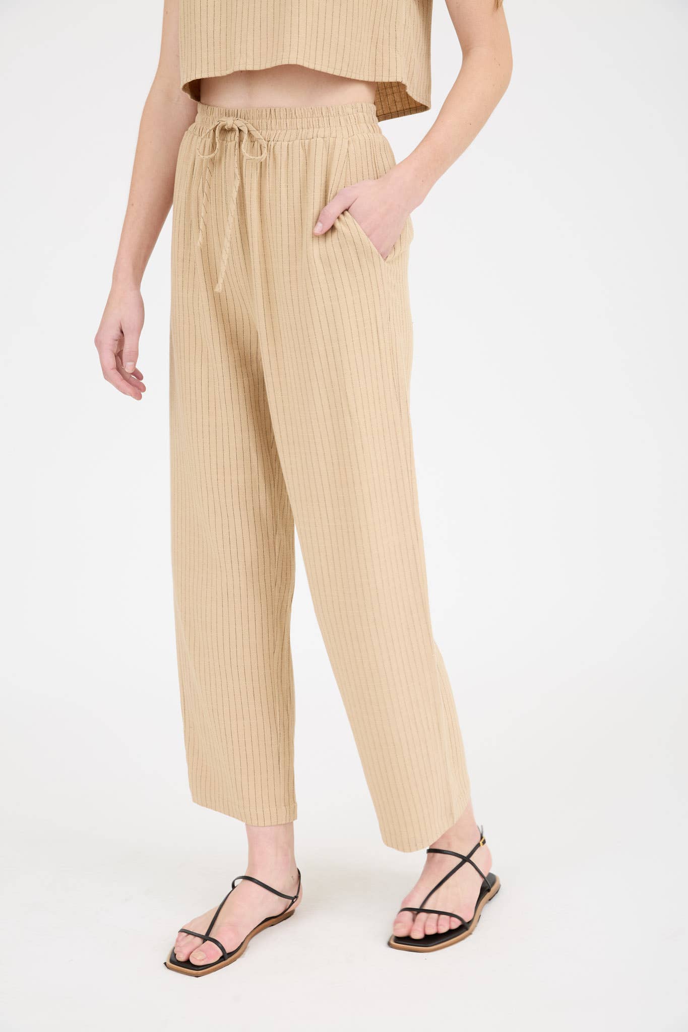 MINE - Wholesale Pants - Women's - PINSTRIPE DRAWSTRING STRAIGHT LEG LINEN PANTS2