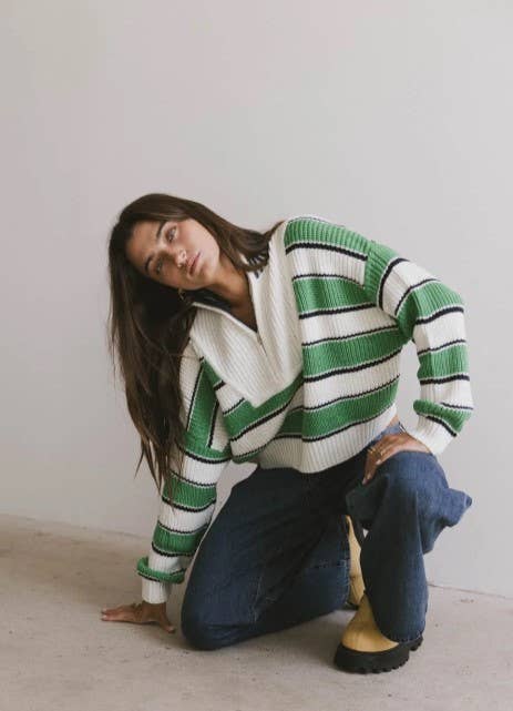 Creamon – wholesale Knitted jumper – Women′s – Preppy Color Block Half-zip Striped Sweater-GREEN2