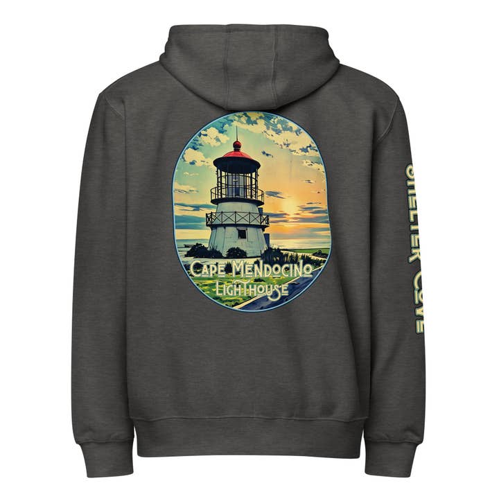 Felpa con cappuccio a zip intera premium del Faro di Capo Mendocino per la vendita all'ingrosso da parte di Humboldt Lost Coast Hoods