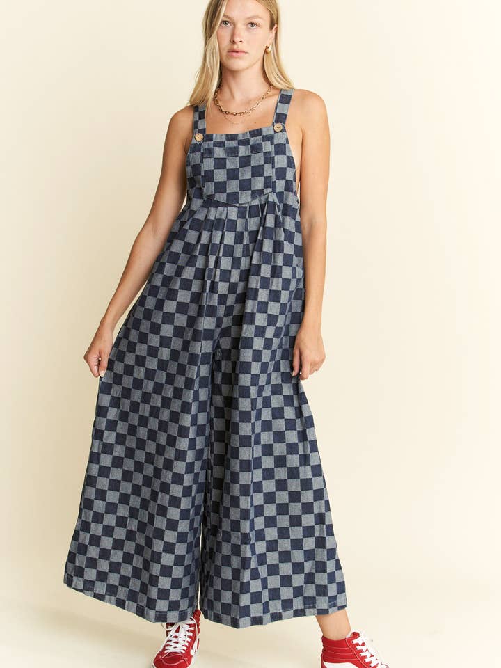 DENIM CKECKERD JUMPSUIT JJS6345 for wholesale on Faire