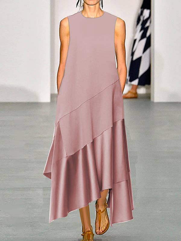 Chicto - Wholesale Dress - Women's - A-Line Loose Asymmetric Pockets Ruffled Round-Neck Maxi Dresses