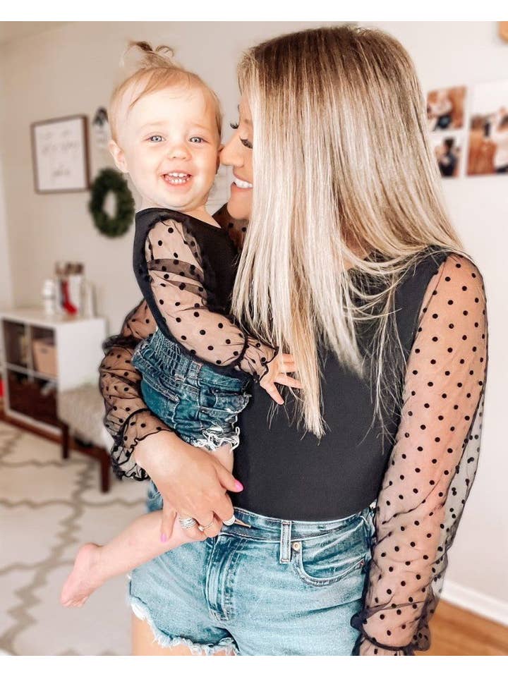 Bailey's Blossoms - Wholesale Mommy & Me Sets - Mommy & Me Destinee Sheer Dot Sleeve Top & Leotard - Black