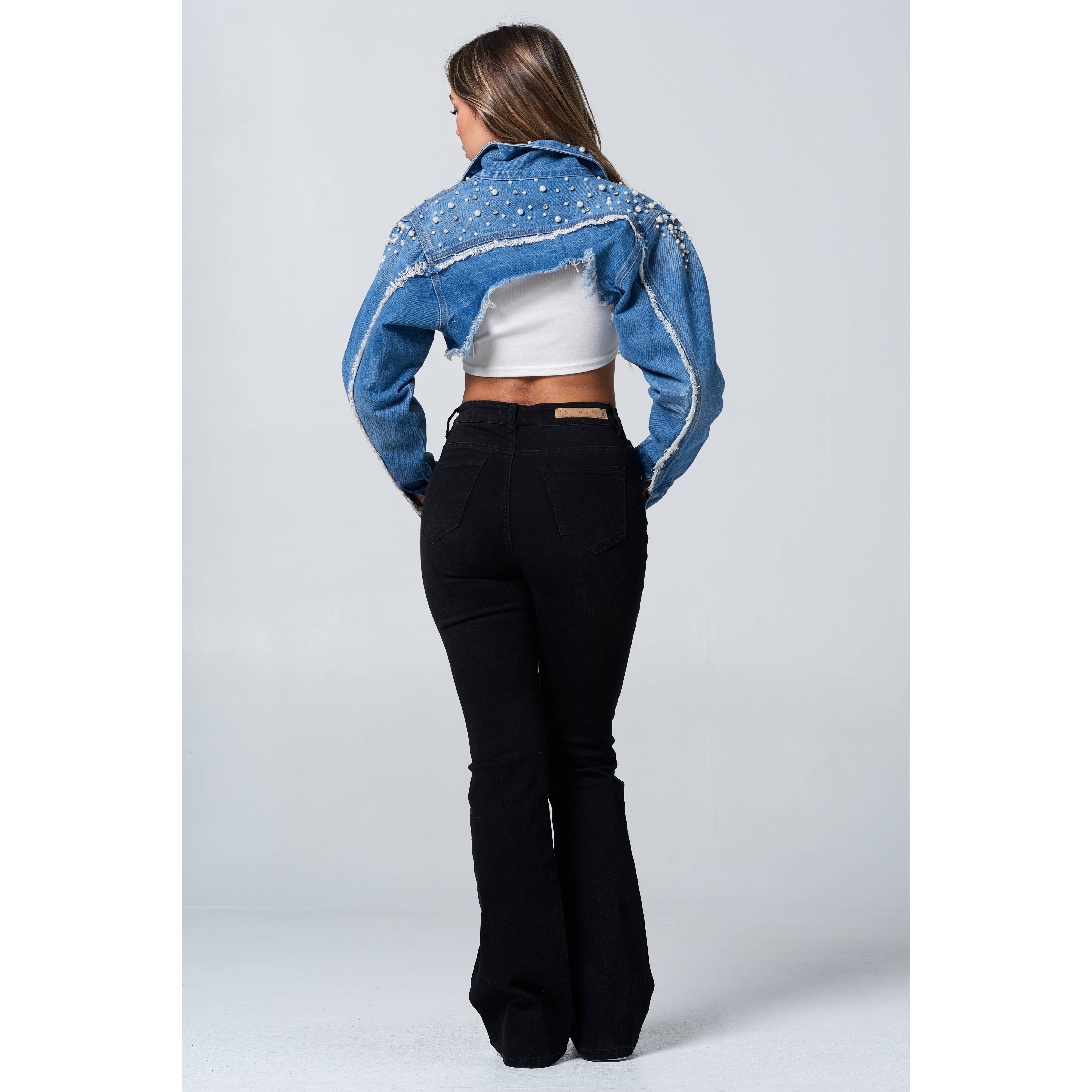 Blue Turtle - Wholesale Denim Jacket - Women's - Diamond Pearl and Rhinestone Super Crop Denim Jacket Light JK220717