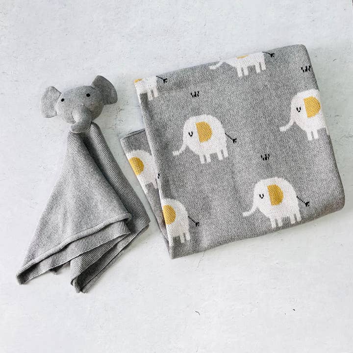 Elephant Jacquard Knit Baby Blanket & Lovey Gift SET for wholesale by Viverano Organics