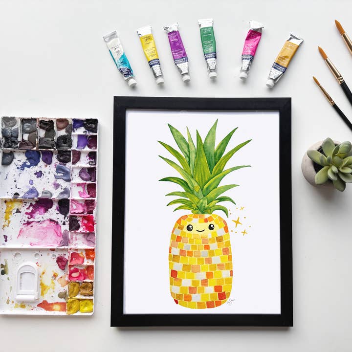 Impression aquarelle d'ananas disco – Fruit tropical fantaisiste pour la vente par Owlfeathers Watercolor