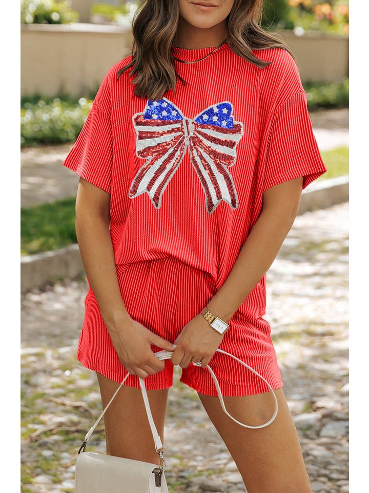 Aapparella - Wholesale Sleepwear Set - Women's - Sequined Sequin USA Flag Bow Corded Pajamas Set | S-2XL