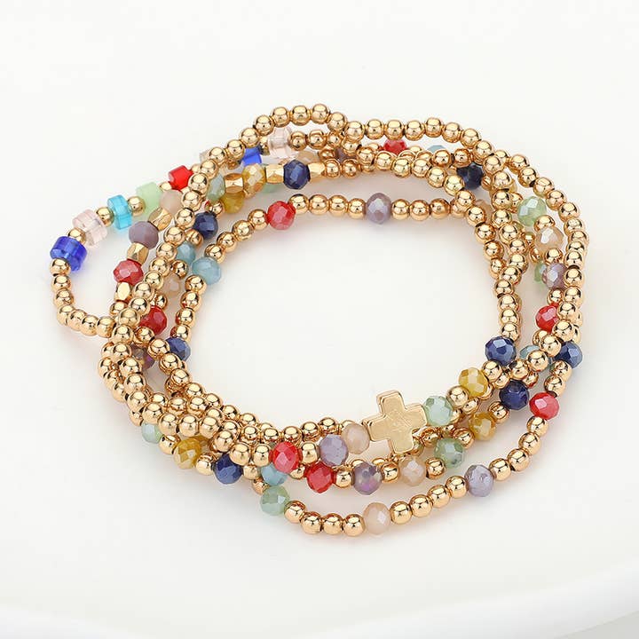 5PCS - Cross Faceted Bead Stretch Multi Layered Bracelets for wholesale by Sensibling Corp.