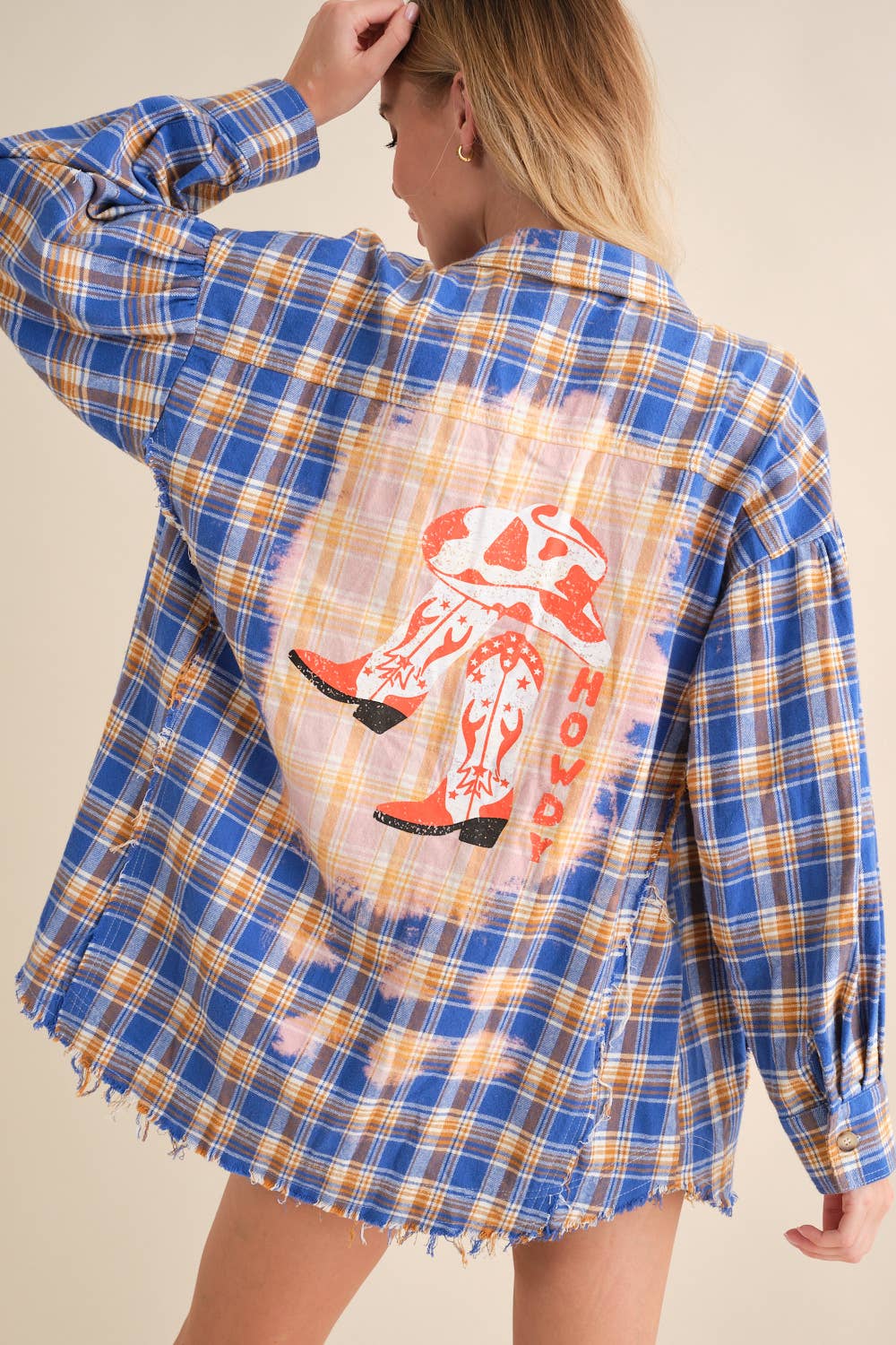 Blue B - Wholesale Button Down Shirt - Women's - 32481T - Cowboy Boots Graphic Back Plaid Oversized Shirt3