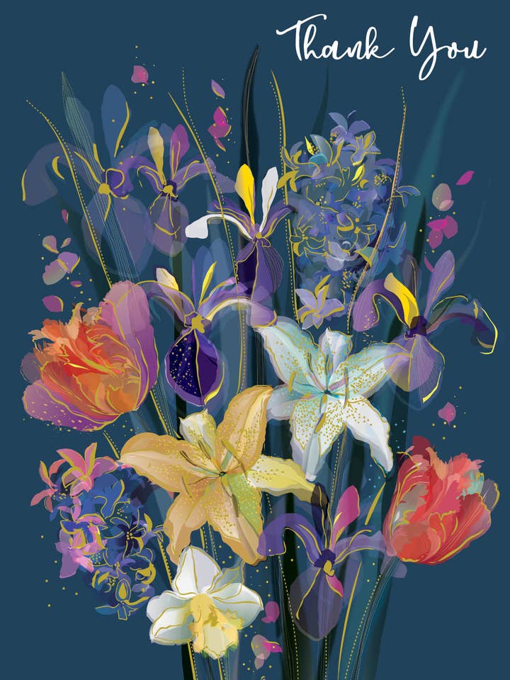 THANK YOU GREETING CARD DARK FLORAL PAPER ROS for wholesale by Notes & Queries, Inc.