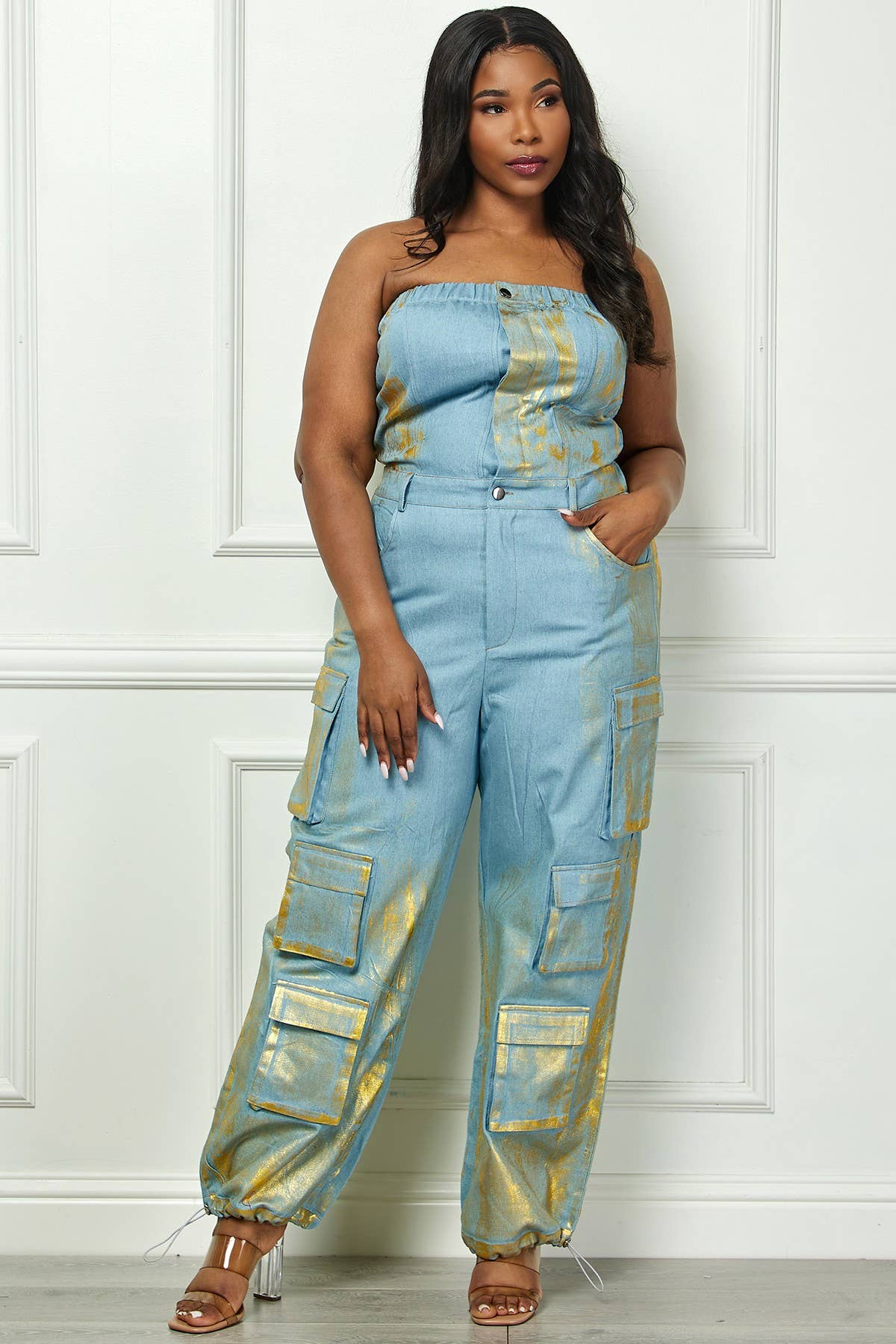 Namatt Design - Venta al por mayor Peto - Mujer - Mono de mezclilla cargo con recubrimiento vintage metálico y top tubo para tallas grandes3