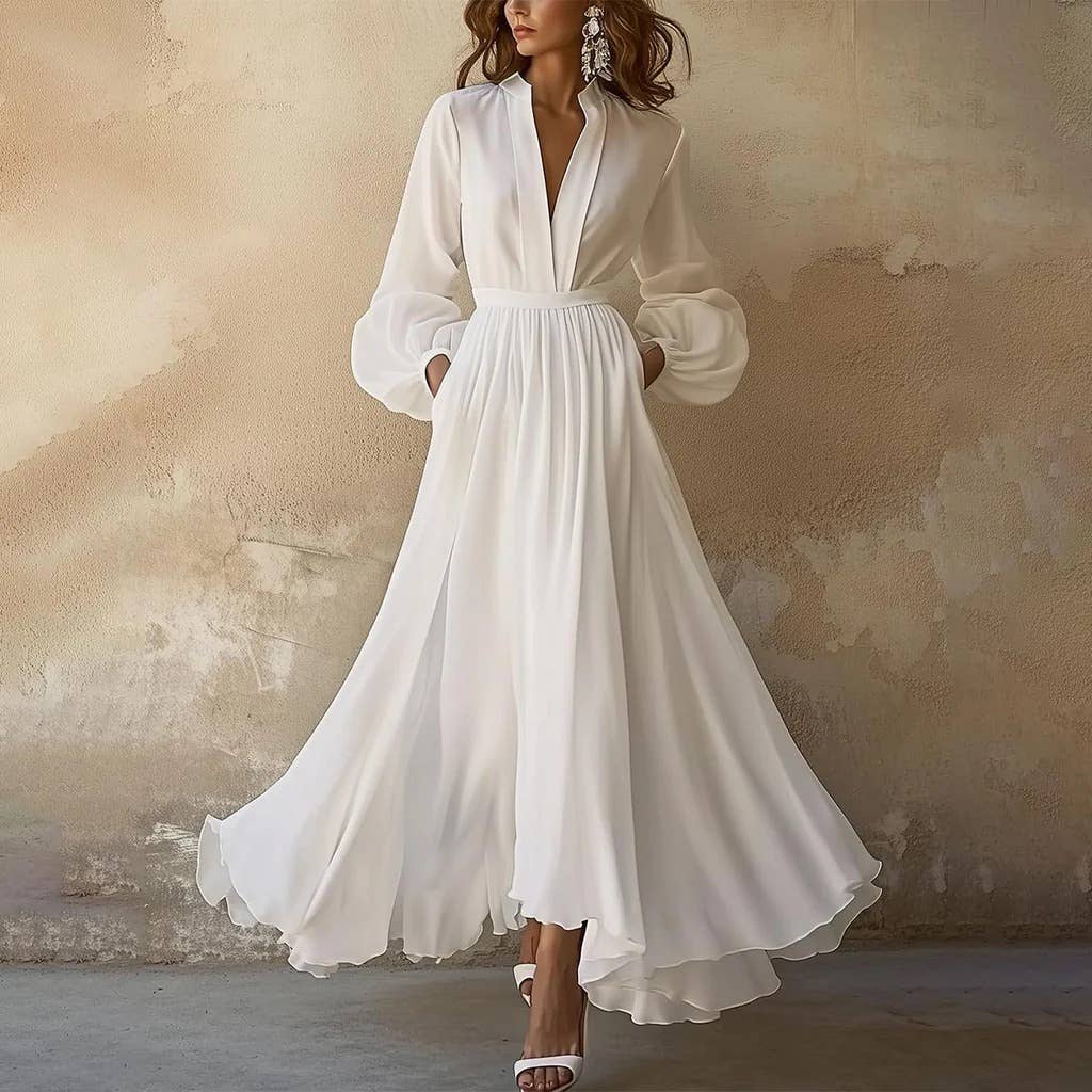 BLANC Robe longue plissée élégante à manches longues en vente sur Faire6