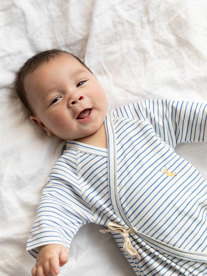 Blue Stripe Print Baby Kimono Onesie for wholesale by Dodo Banana