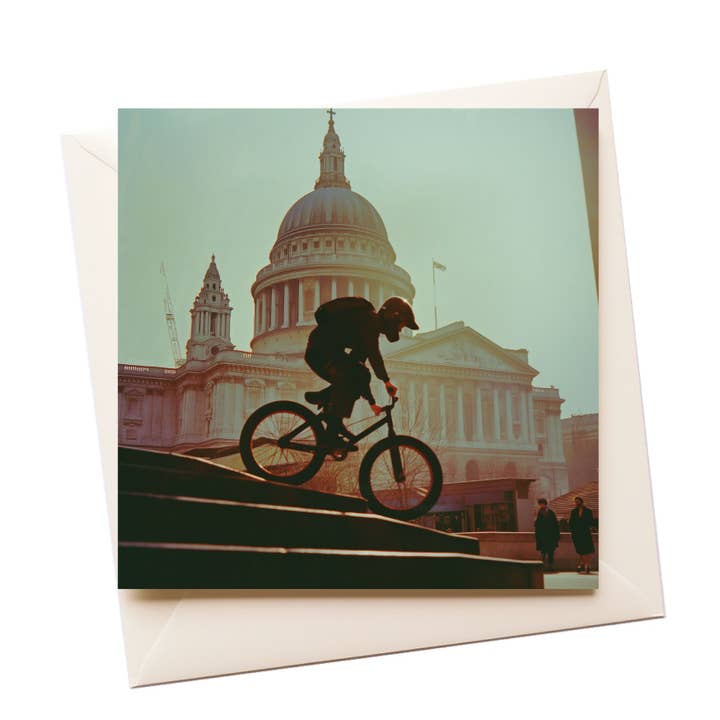 Carte de vœux Touriste Punk BMX Escaliers Coucher de soleil StPauls pour la vente par Artificial Ink