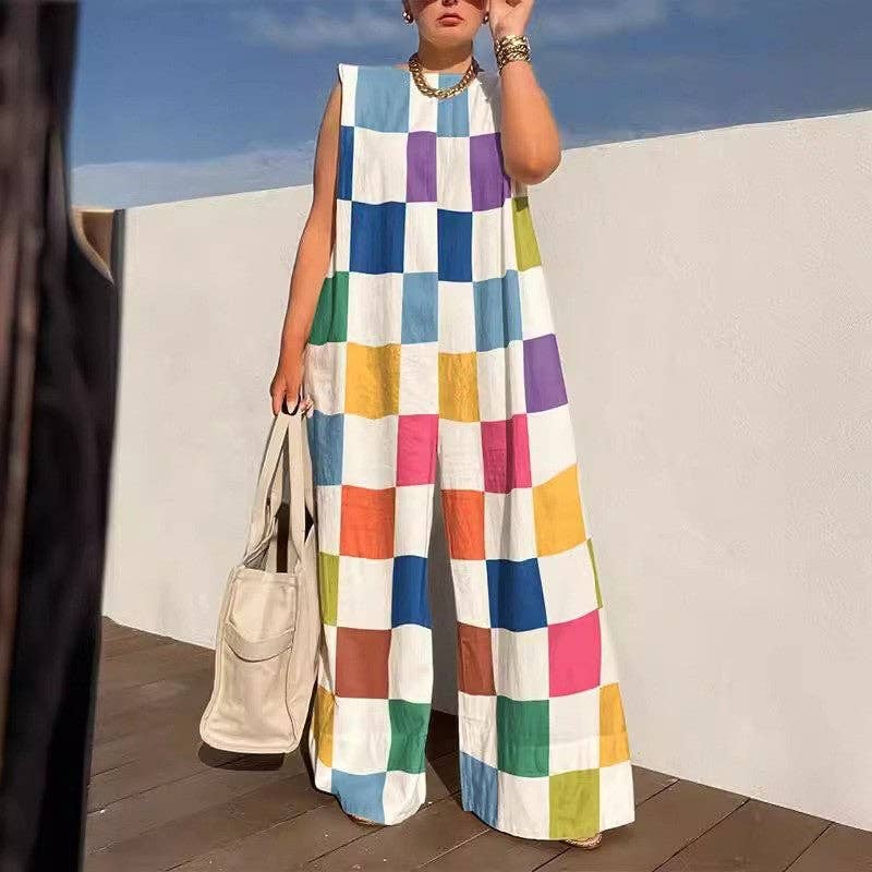 FurDecoration - Wholesale Jumpsuit - Women's - Plaid Color Block Relaxed Fit Jumpsuit1