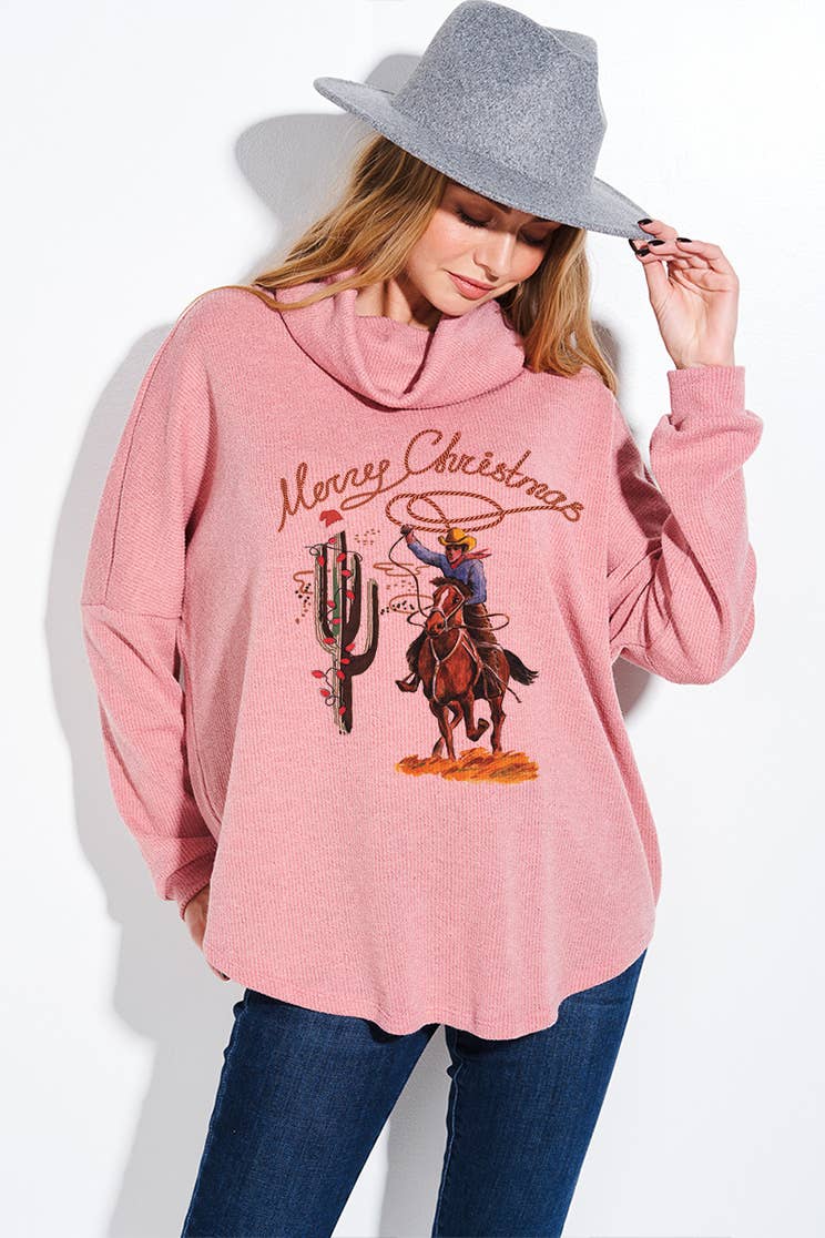 Phil Love - Wholesale Tunic - Women's - T916G9397 - Cowboy Christmas Women's Cowl Neck Knit Top0