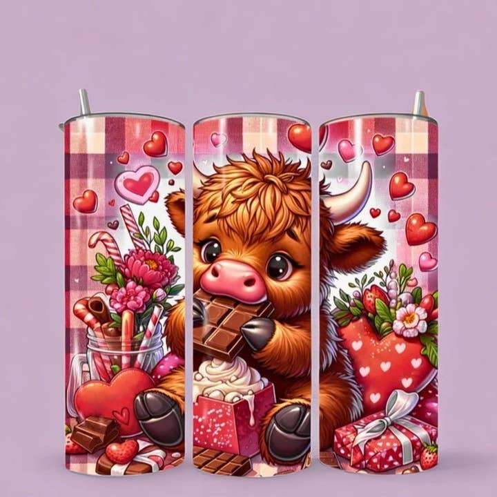 Alpha Wholesale - Wholesale Insulated Mug/Tumbler - Simply Everyday Products Tumbler 20oz with Lid, Straw, and Rubber Bottom – Highland Cow Valentine's Day Tumbler Wrap – Funny Cow Design