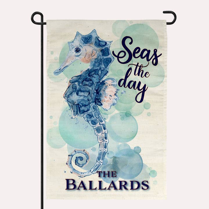 Garden Flag - Watercolor Seahorse - Seas the day - Family Na for wholesale by imperfect by design co