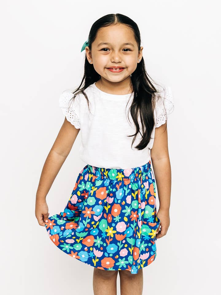 Girls Skirt with Pockets, Summer Toddler Girl Clothes, Blue Floral Summer for wholesale by Sunshine Kids Co