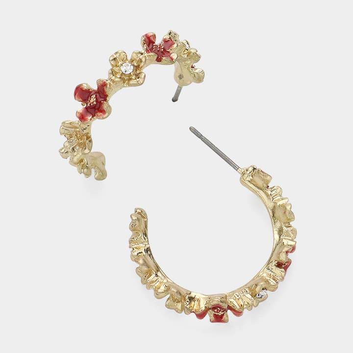 Sensibling Corp. - Wholesale Hoop Earrings - Enamel Flower Accented Metal Half Hoop Earrings0