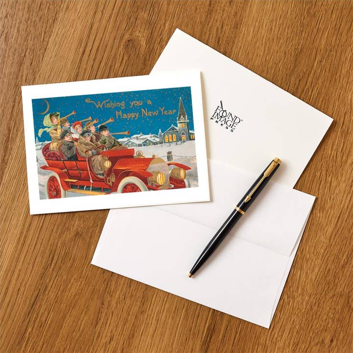 Found Image Press - Wholesale Stationery/Notecard Set - Greeting Card HN-23 Happy New Year, Revelers in Old Car1