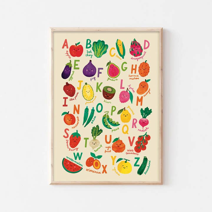 Lauren Sissons Studio – wholesale Art print – Kids & baby – Fruit + Veg A-Z Alphabet Print - Modern Educational Kids Art1