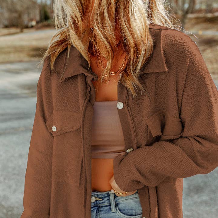 Solid Reverse Seam Button-Front Terry Shacket and other Purchase Wholesale hair edges. Free Returns & Net 60 Terms on Faire trending on Faire.