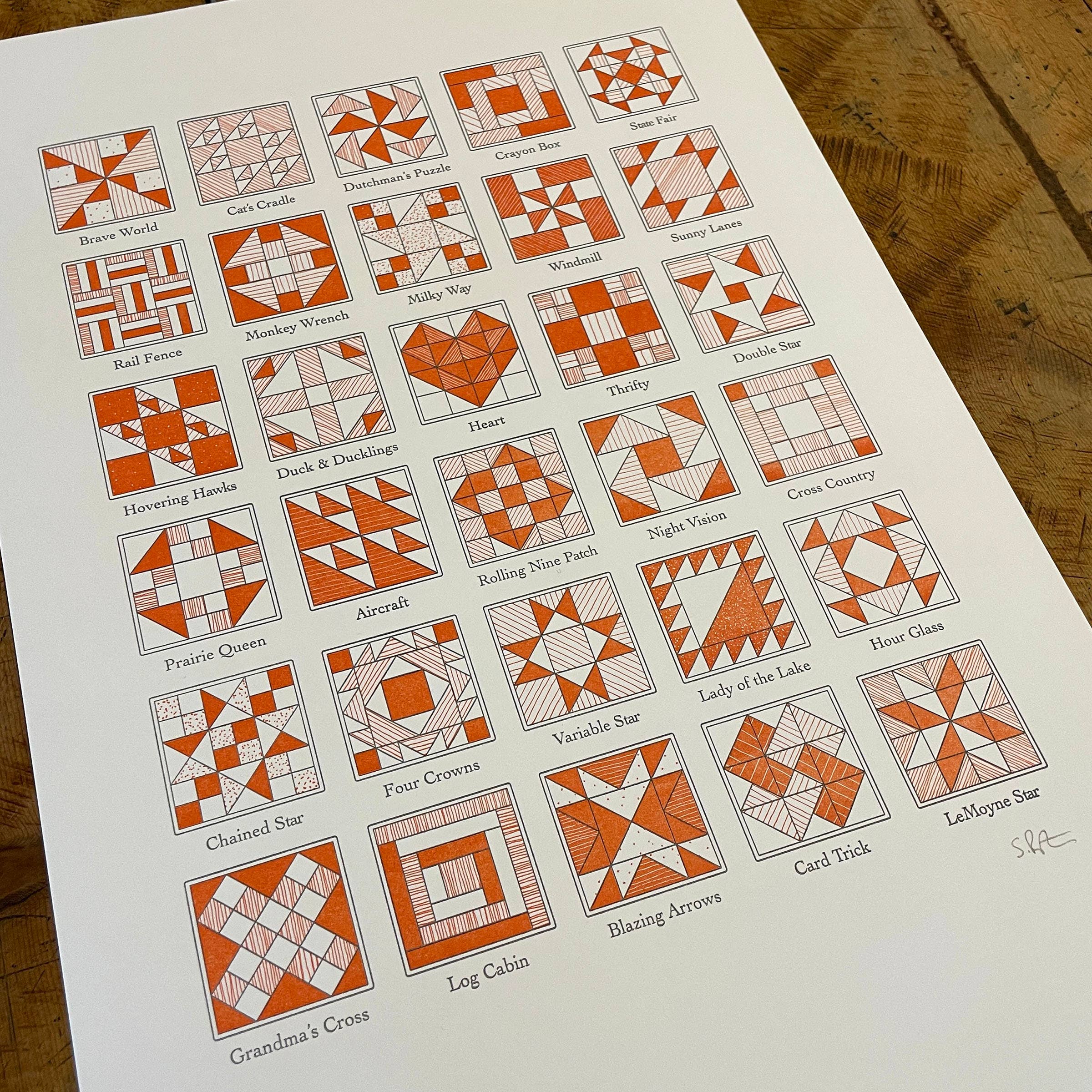 Green Bird Press - Wholesale Art Print - A Few Quilt Blocks Letterpress Print - 12" x 18"5