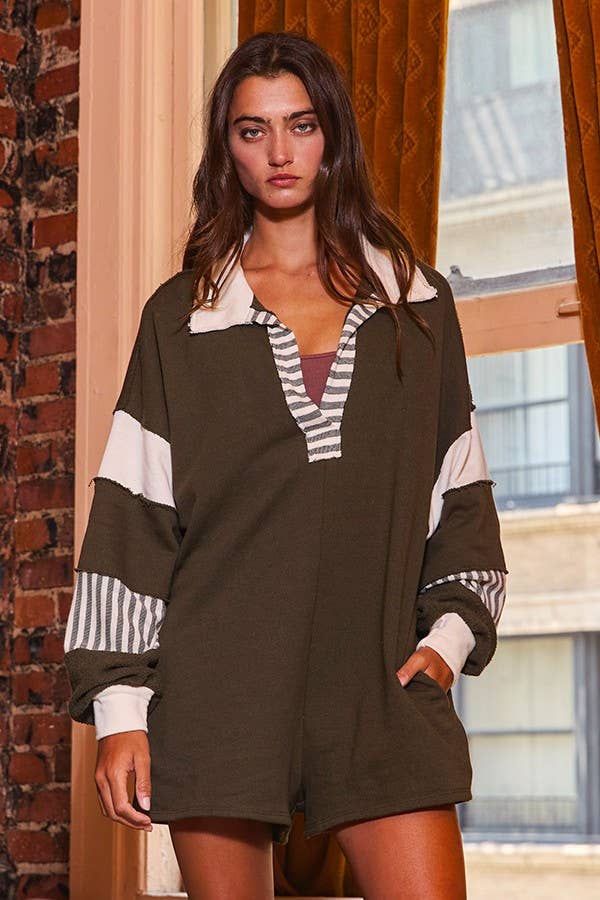 BUCKETLIST INC - Wholesale Romper - Women's - R5507A French Terry Color-block Collared Loose Fit Romper23