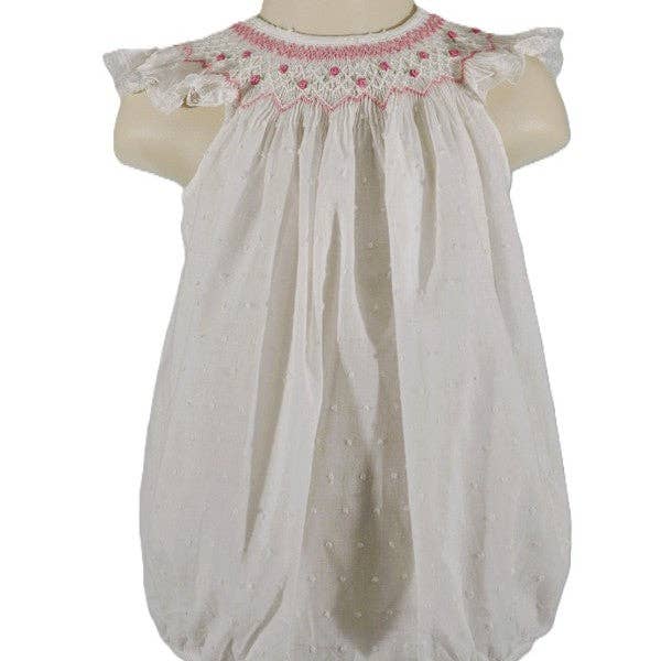 Weißer Swiss Dot Geo Pearl Smocked Kurzarm-Bubble für den Großhandel von Hello Bebes!