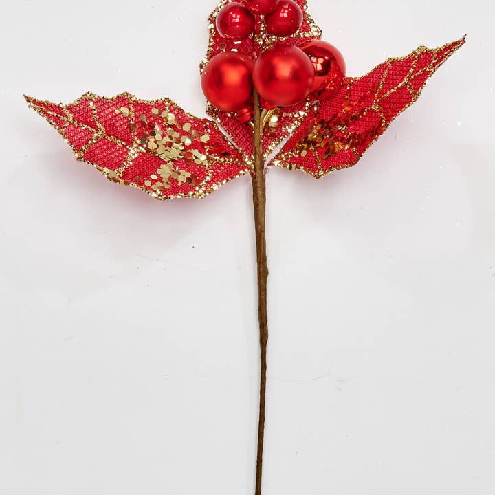 WORTH IMPORTS - Wholesale Christmas Decoration - 10" Red Glittered Ball And Leaves Pick