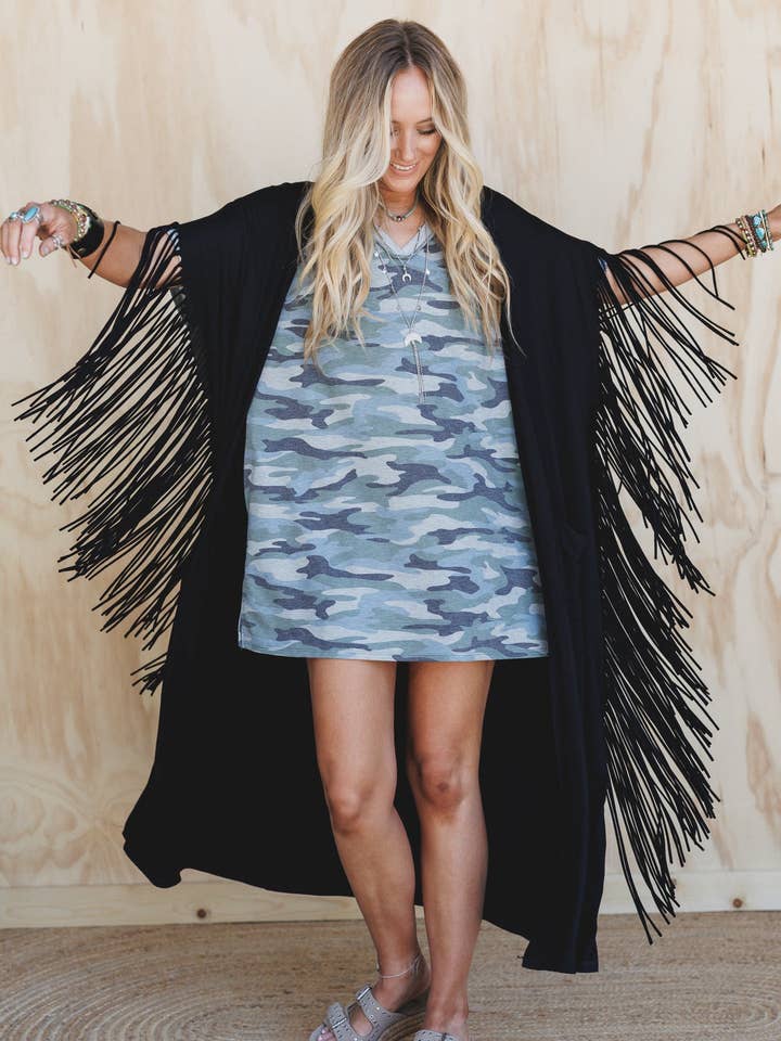 Western Showstopper Duster Kimono - Black for wholesale by Three Bird Nest
