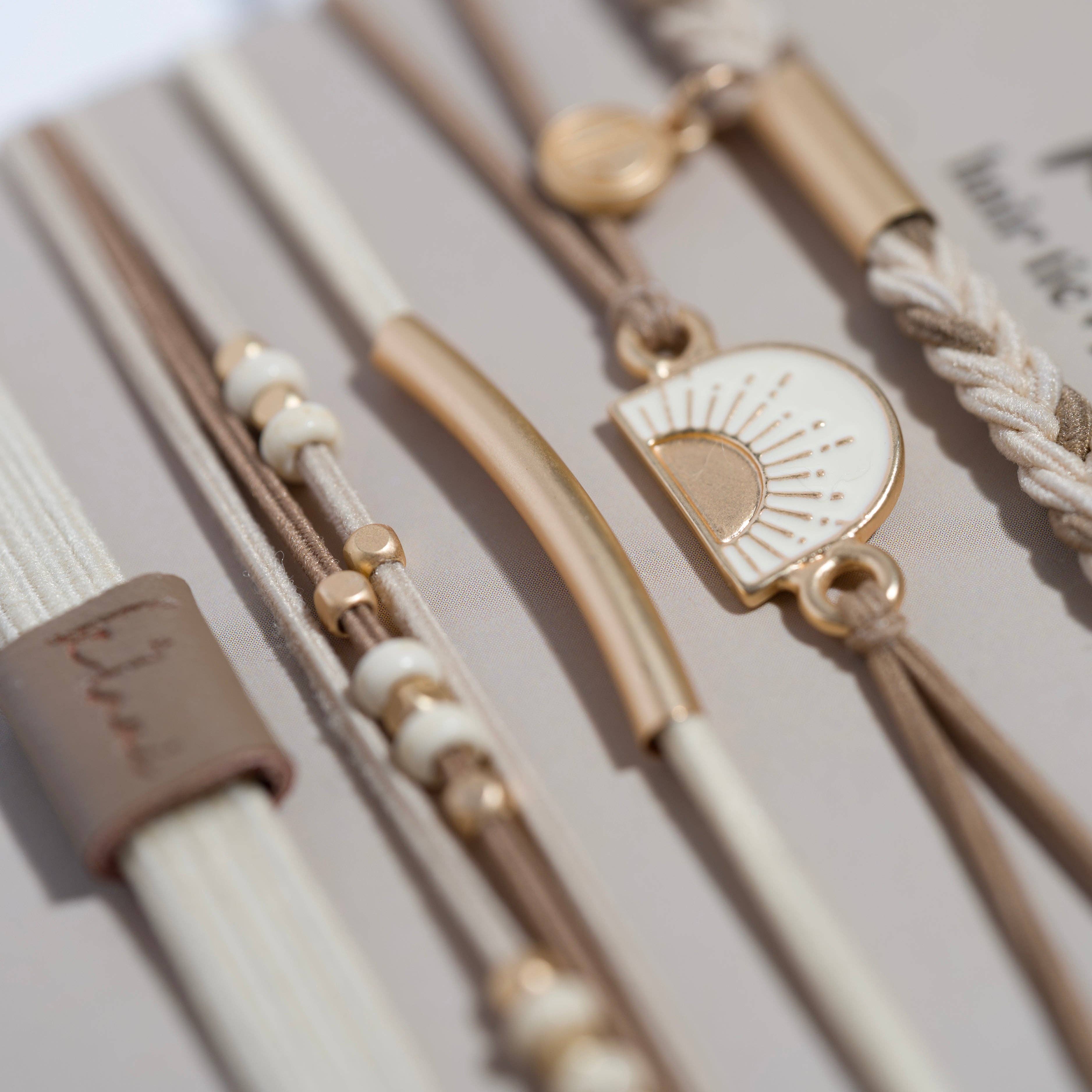 K'lani hair tie bracelets - Wholesale Jewelry Set - "Rise" Cream and Tan With Gold and Sun Accents Hair Tie Bracelets2