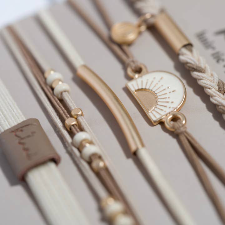 K'lani hair tie bracelets - Wholesale Jewelry Set - "Rise" Cream and Tan With Gold and Sun Accents Hair Tie Bracelets2
