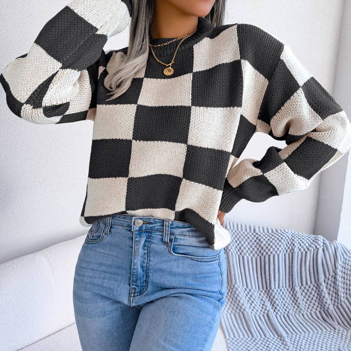 HIDDENBRAND - Wholesale Knit Sweater - Women's - Contrast plaid pullover knit sweater