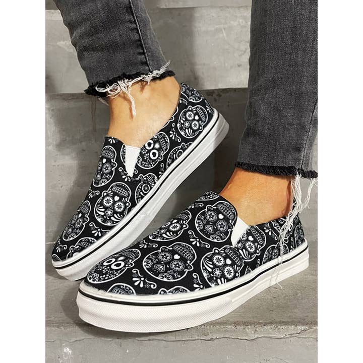 Chaussures en toile imprimée Halloween Skull pour la vente par Tourtiwi