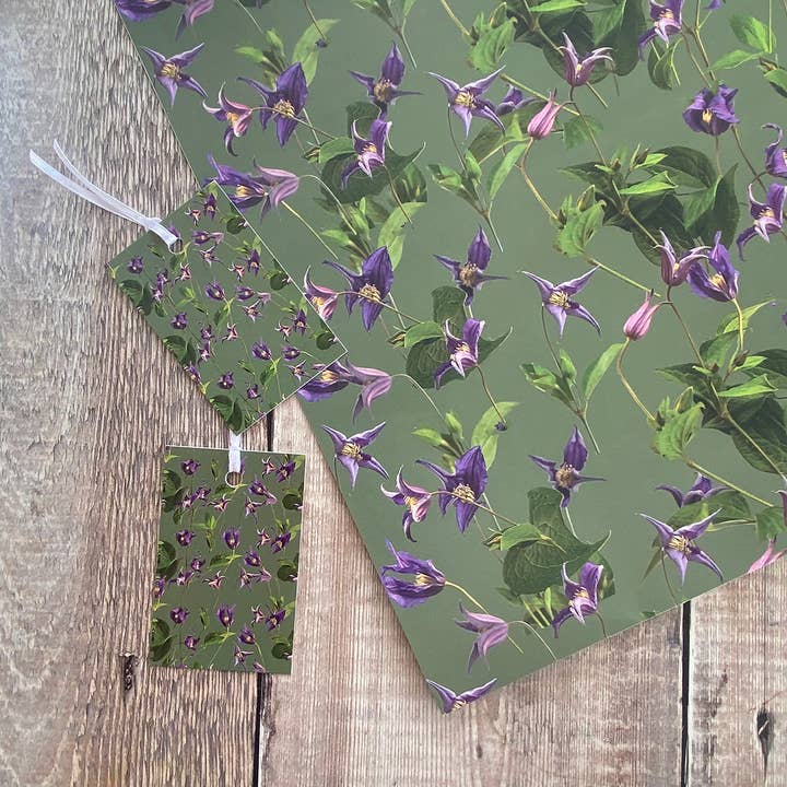 Clematis Flowers on green background Gift wrap and tag set for wholesale by Alex Sharp